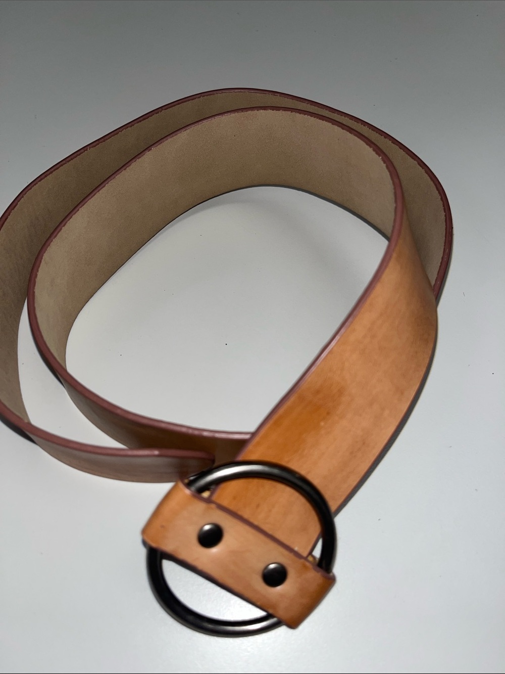 Source Unknown Light Brown Leather Belt w/ silver tone Ring Buckle